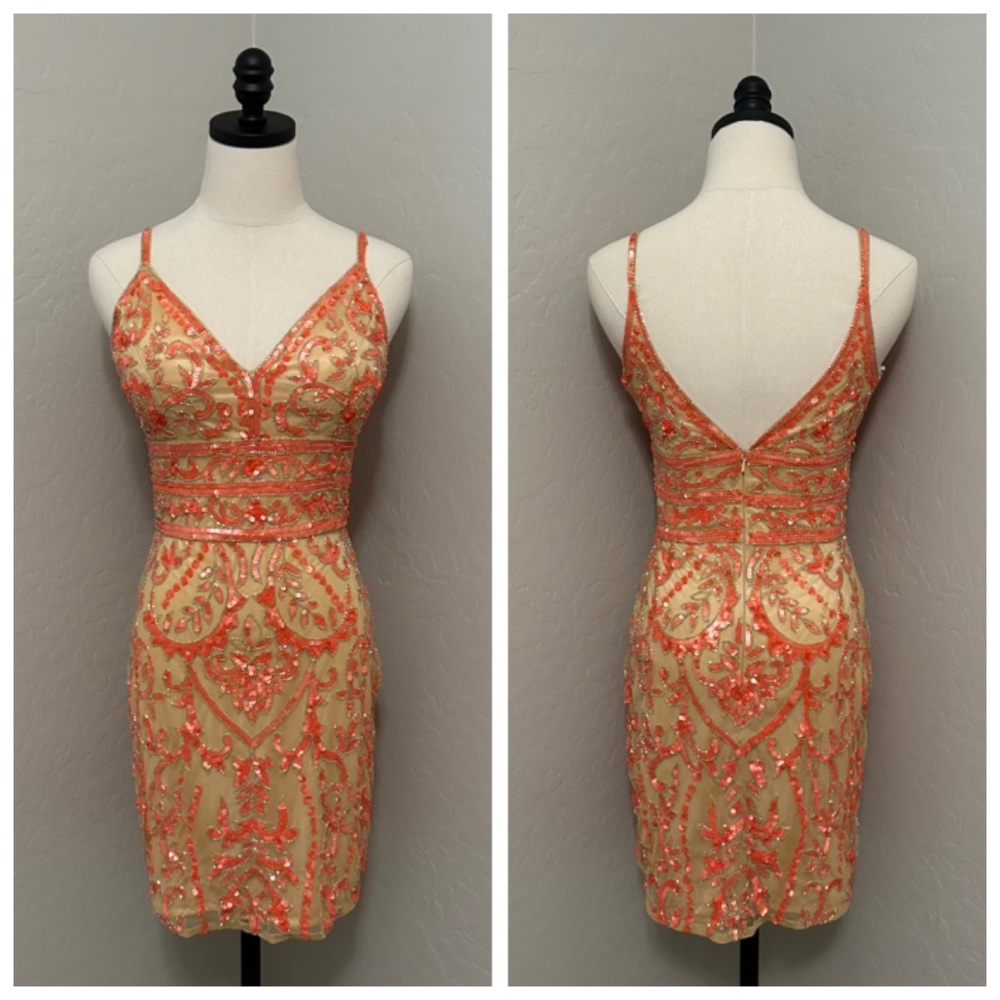 NEW PRIMAVERA COUTURE SZ 2 NUDE ORANGE SEQUIN SATIN TULLE FORMAL COCKTAIL DRESS